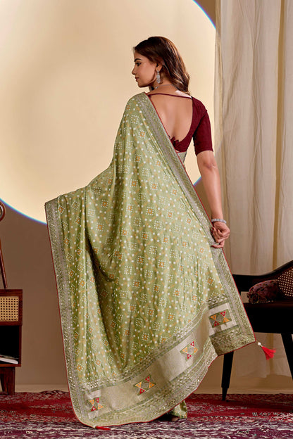 Dwija Fashion Women'S Party Wear Embroidery Vichitra Cp Designer Saree With Unstitched Blouse-Mint Green