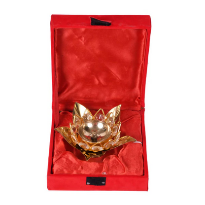 CraftVatika Brass Crystal Lotus Shape Diya Deepak With Gift Box
