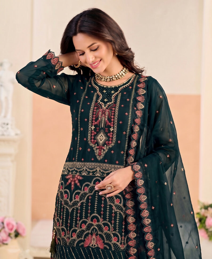 KC Teal Blue Pakistani Crunchy Silk Heavy Salwar Kameez For Women