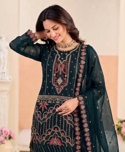 KC Teal Blue Pakistani Crunchy Silk Heavy Salwar Kameez For Women