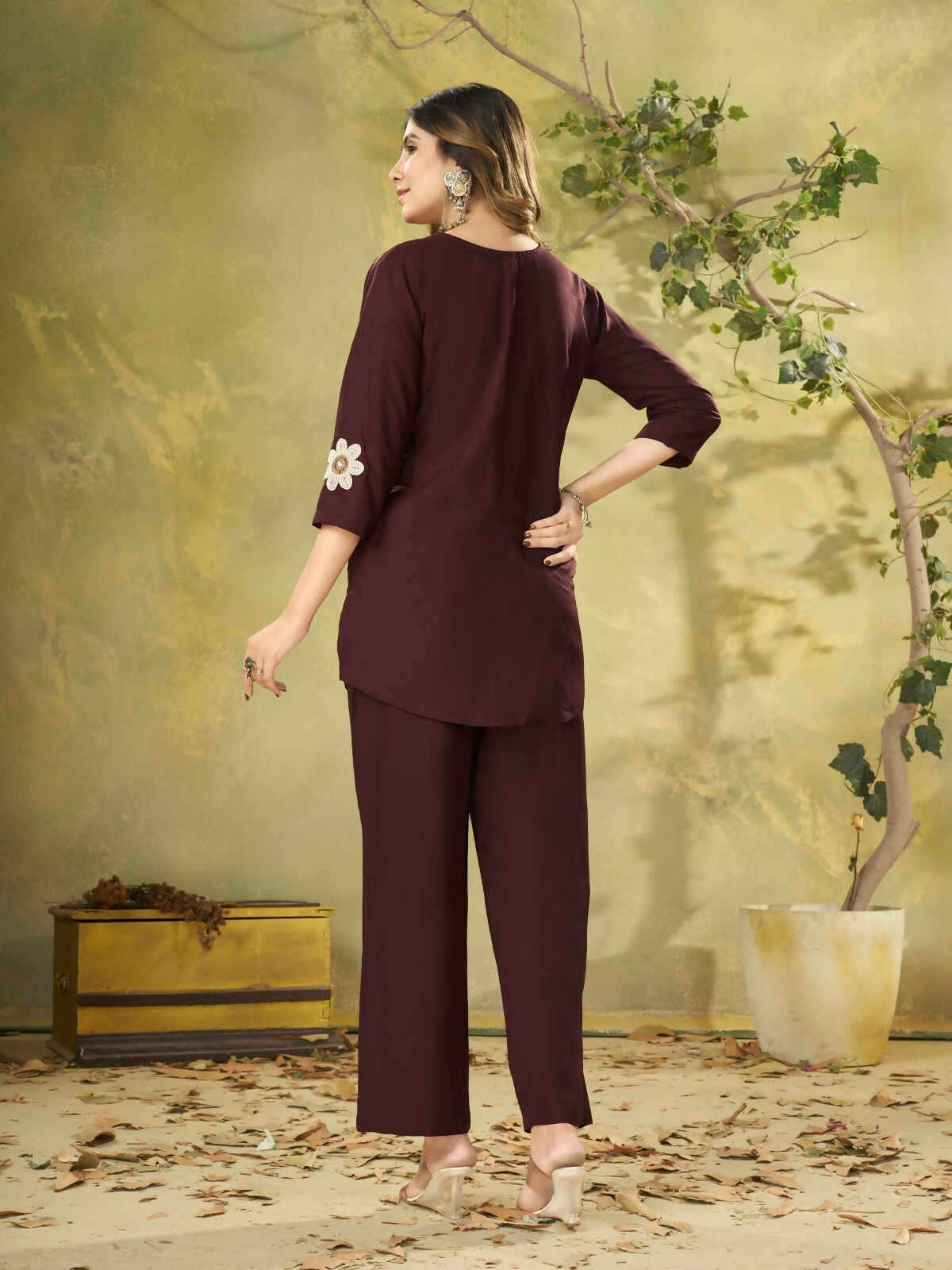 Teeya Creation Women Coffee Brown Embroidered Tunic & Pant Co-Ord Set