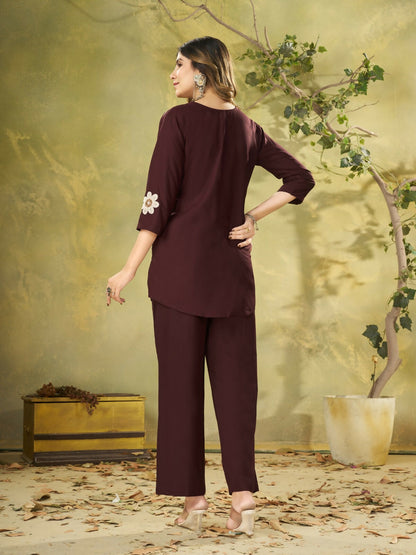 Teeya Creation Women Coffee Brown Embroidered Tunic & Pant Co-Ord Set