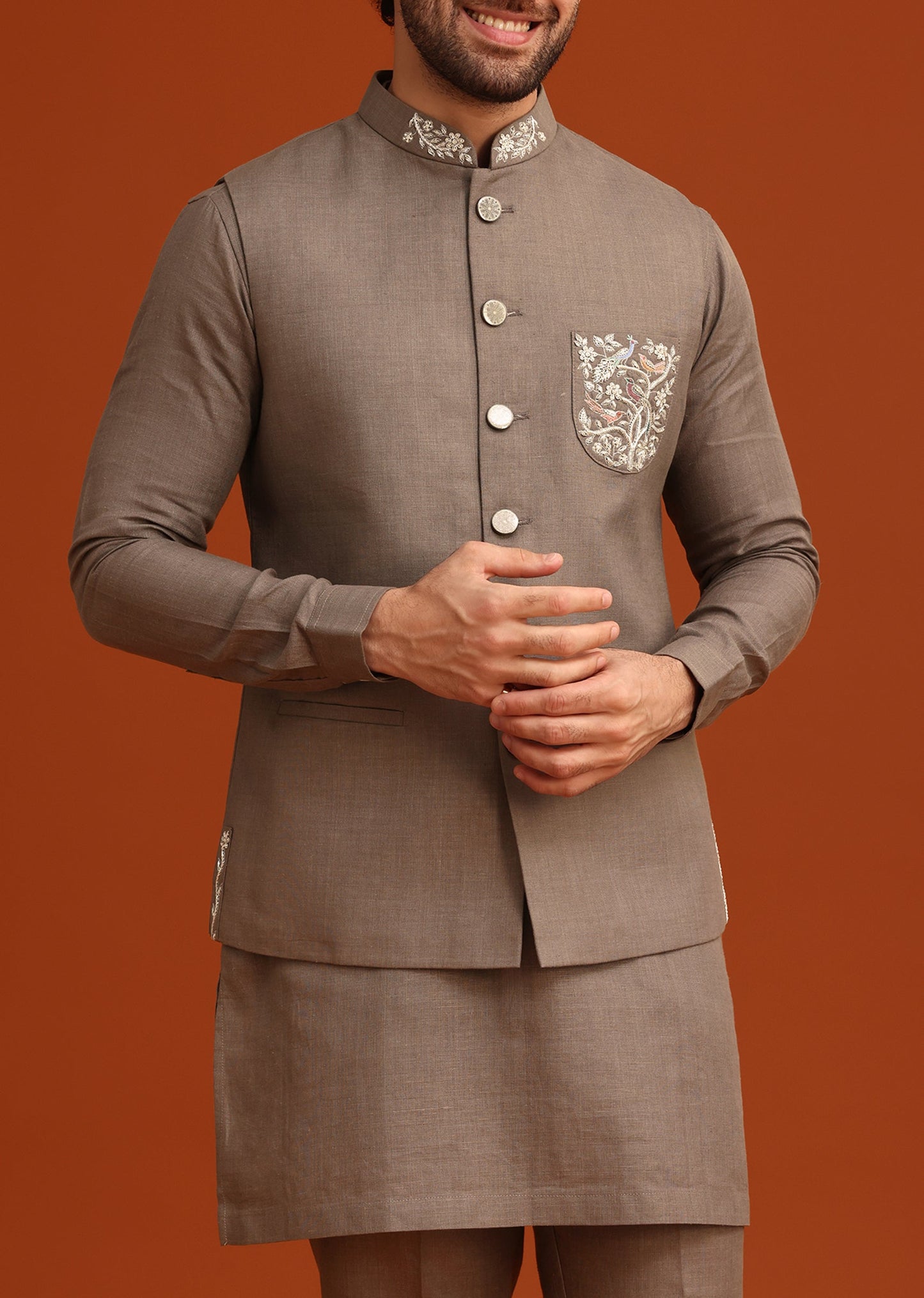 Grey Zardozi Work Linen Jacket Kurta Set