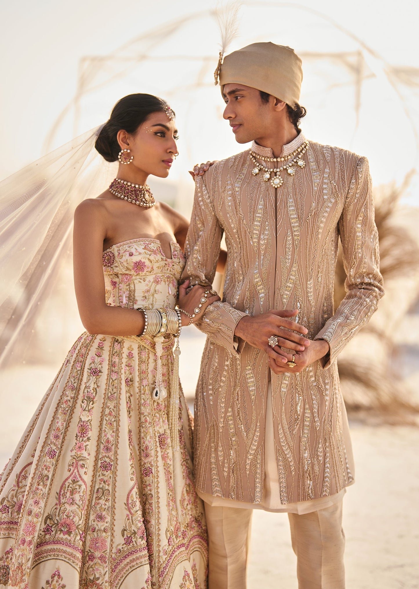 Champagne Gold Sherwani Set With Pearl Embroidery