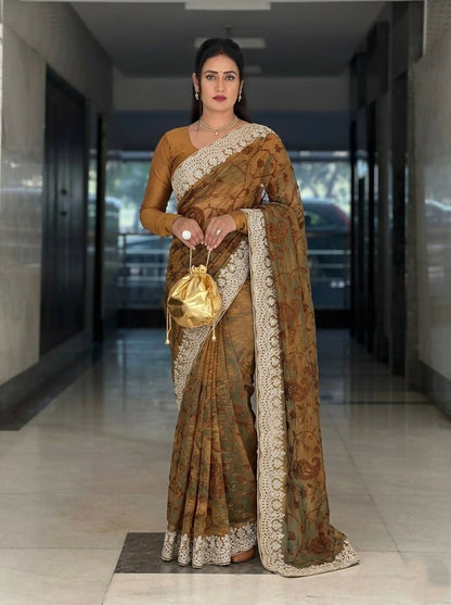 Teeya Creation New Trendy Latest Party Wear Two Tone Twill Net Saree-Gold