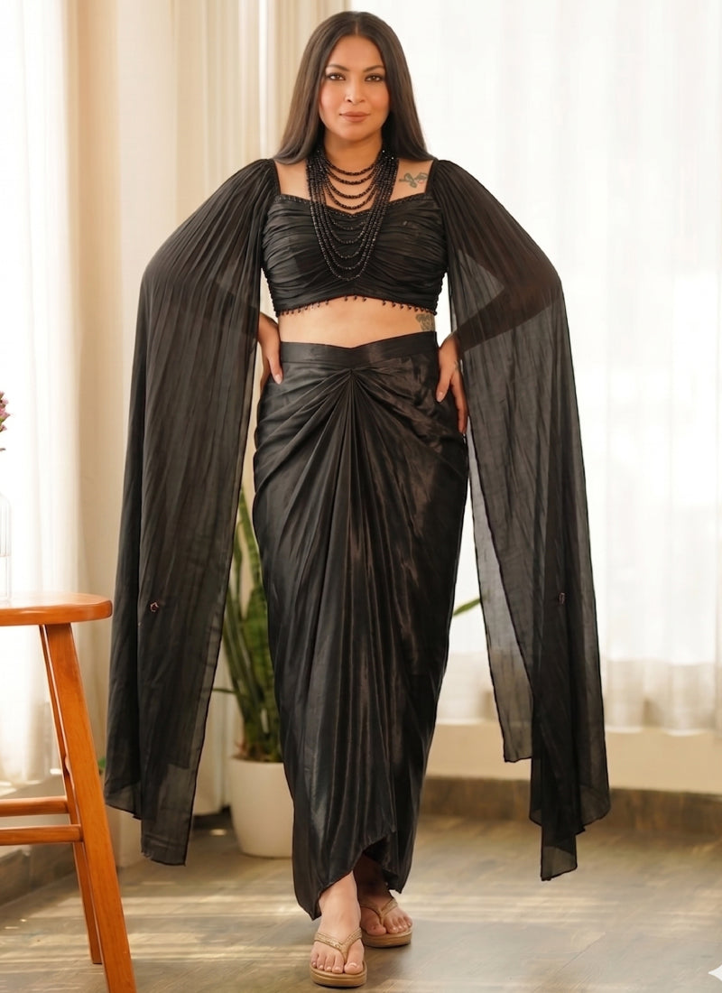 Vegaa Fashion Black Beads Chinon Silk Indo Western Suit