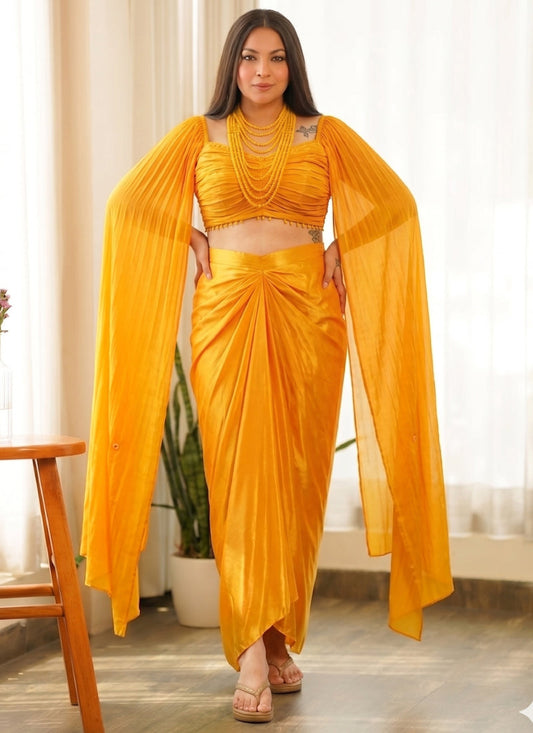 Vegaa Fashion Yellow Beads Chinon Silk Indo Western Suit