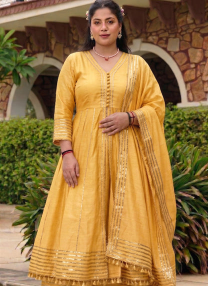 Vegaa Fashion Light-Yellow Gota Cotton Silk Palazzo Suit