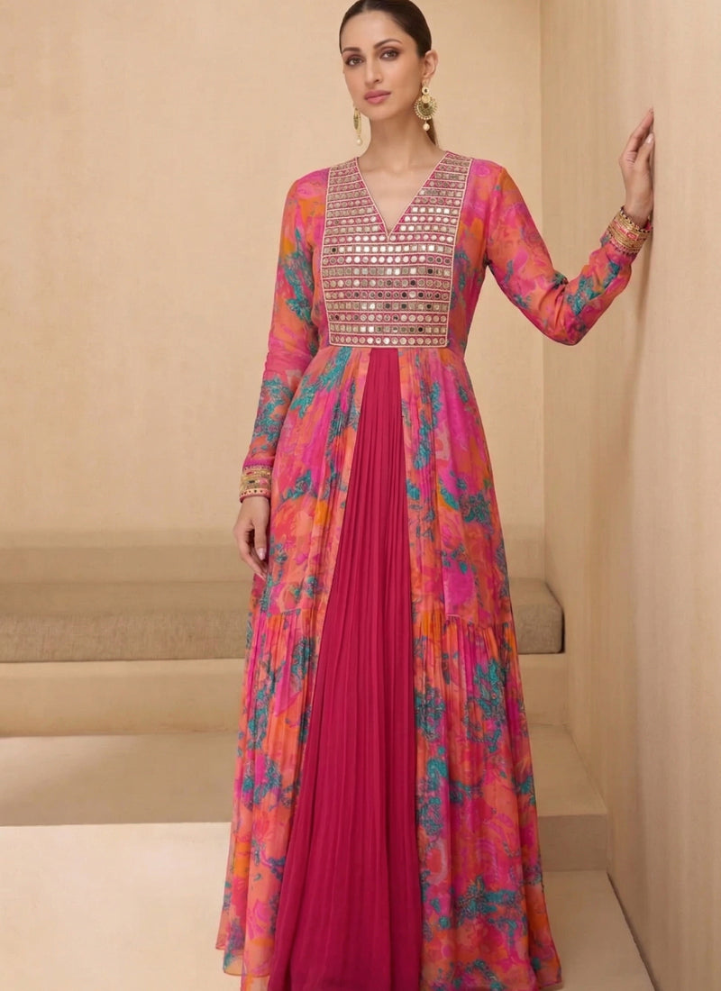 Vegaa Fashion Multicolor Real Mirraw Georgette Gown Suit