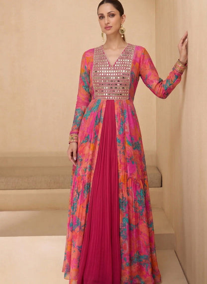 Vegaa Fashion Multicolor Real Mirraw Georgette Gown Suit