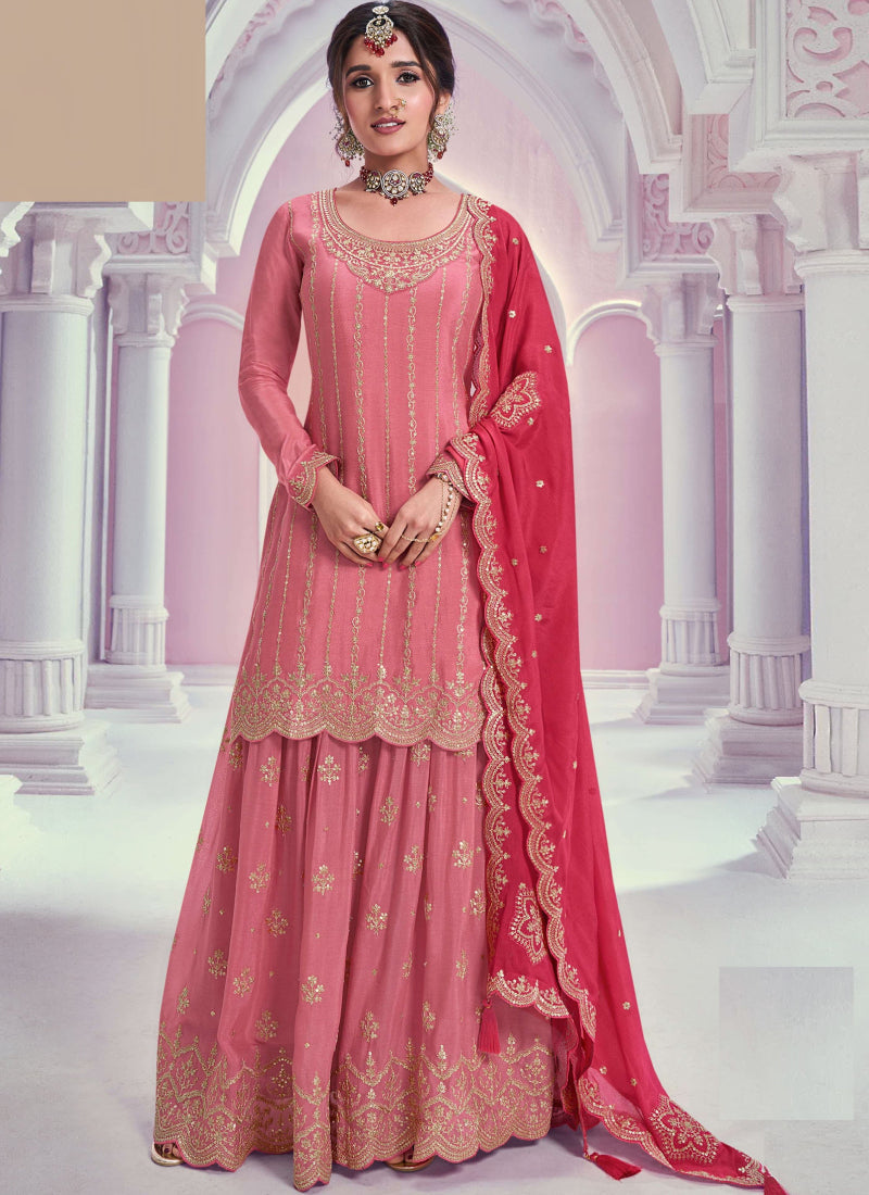 Vegaa Fashion Peach Zari Chinon Silk Palazzo Suit