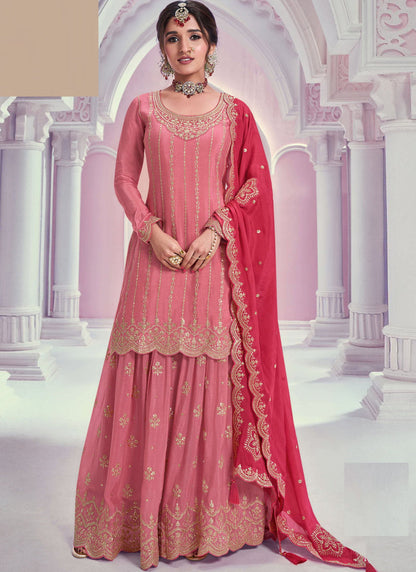 Vegaa Fashion Peach Zari Chinon Silk Palazzo Suit
