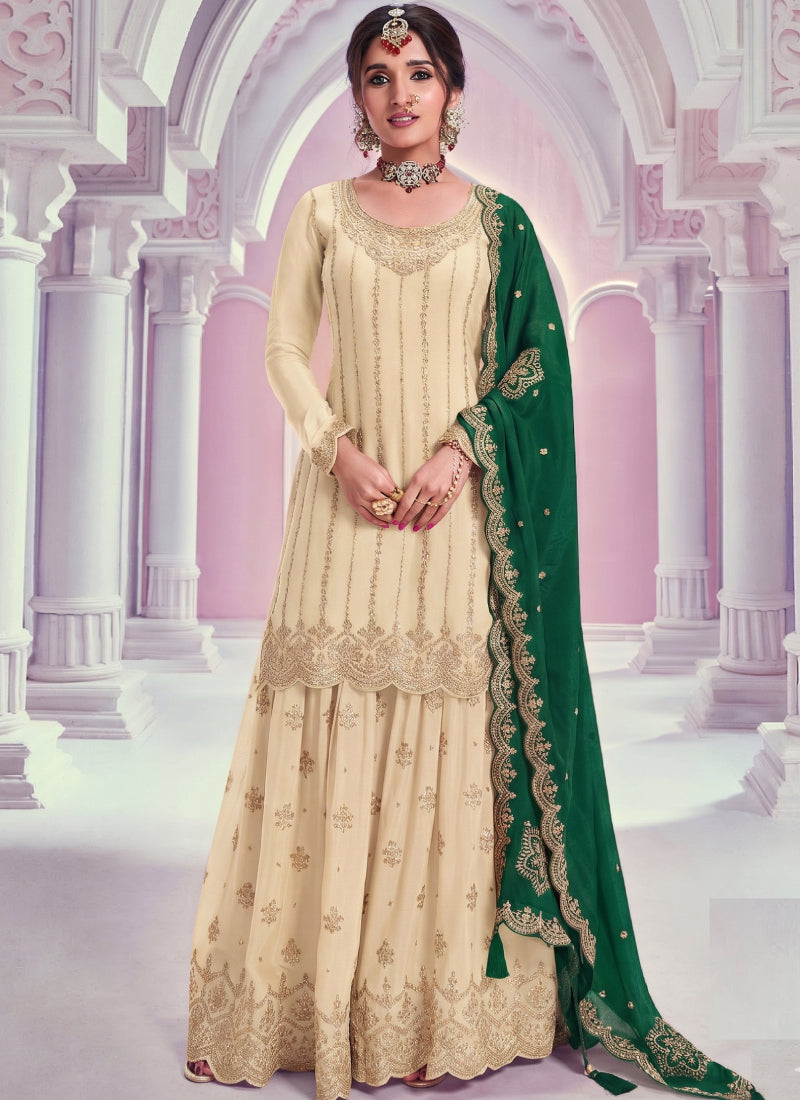 Vegaa Fashion Cream Zari Chinon Silk Palazzo Suit