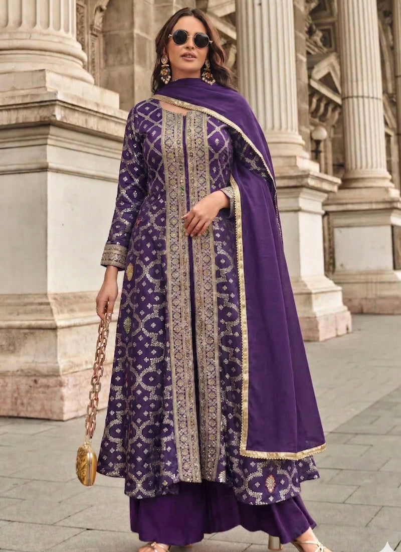Vegaa Fashion Purple Zari Jacquard Anarkali Suit