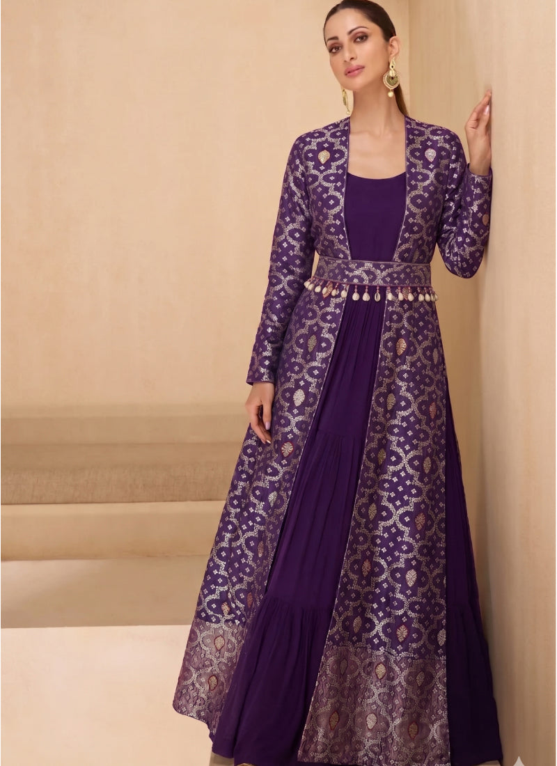 Vegaa Fashion Purple Brocade Georgette Gown Suit