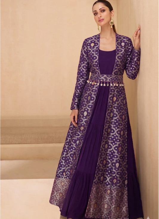 Vegaa Fashion Purple Brocade Georgette Gown Suit