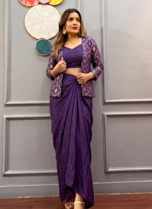Vegaa Fashion Purple Brocade Chinon Silk Indo Western Suit