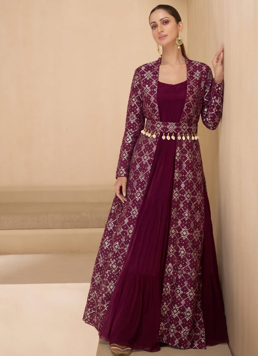 Vegaa Fashion Wine Brocade Jacquard Indo Western Suit