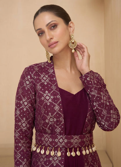 Vegaa Fashion Wine Brocade Jacquard Indo Western Suit