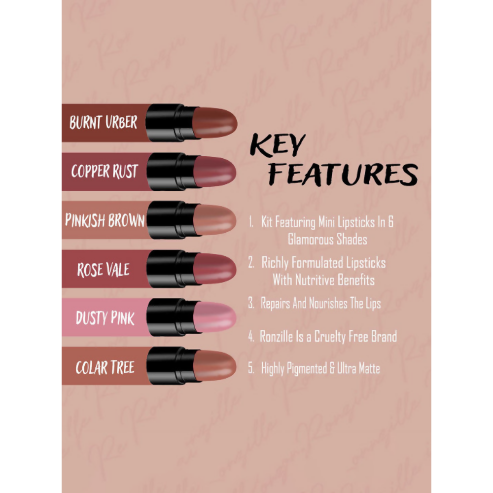 Ronzille Too Glam To Give A Damn Bullet Lipstick Set Of 6 - Nude Edition