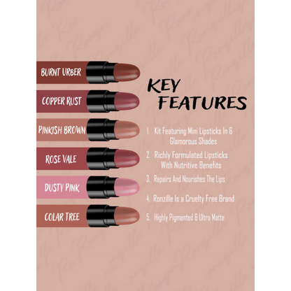 Ronzille Too Glam To Give A Damn Bullet Lipstick Set Of 6 - Nude Edition
