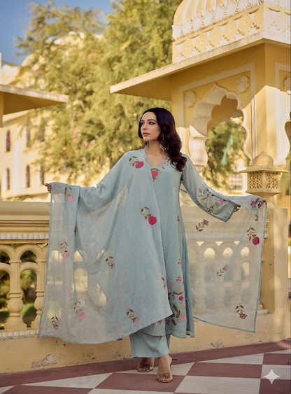 Teeya Creation Elegant Pastel Grey-Green Embroidered Straight Suit Set With Dupatta For Festivals Weddings