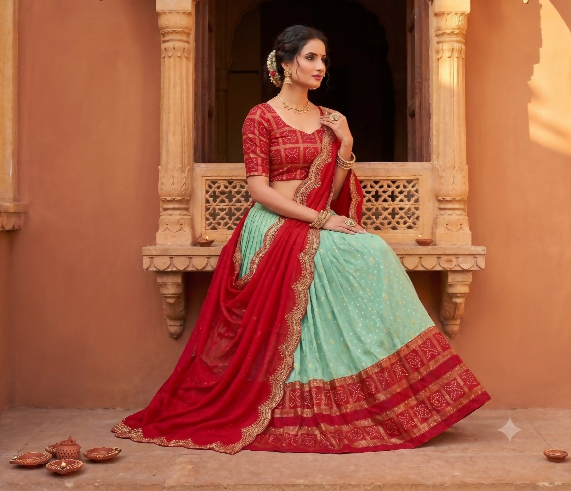Teeya Creation Ethnic Sky Blue Lehenga Choli with Scalloped Border Dupatta