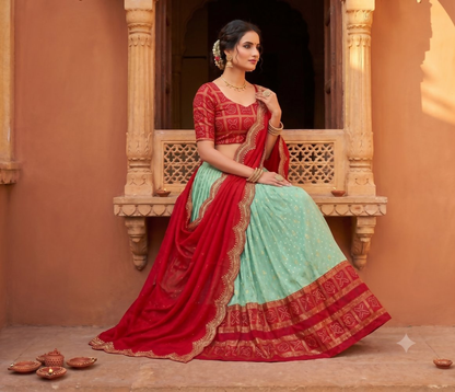 Teeya Creation Ethnic Sky Blue Lehenga Choli with Scalloped Border Dupatta