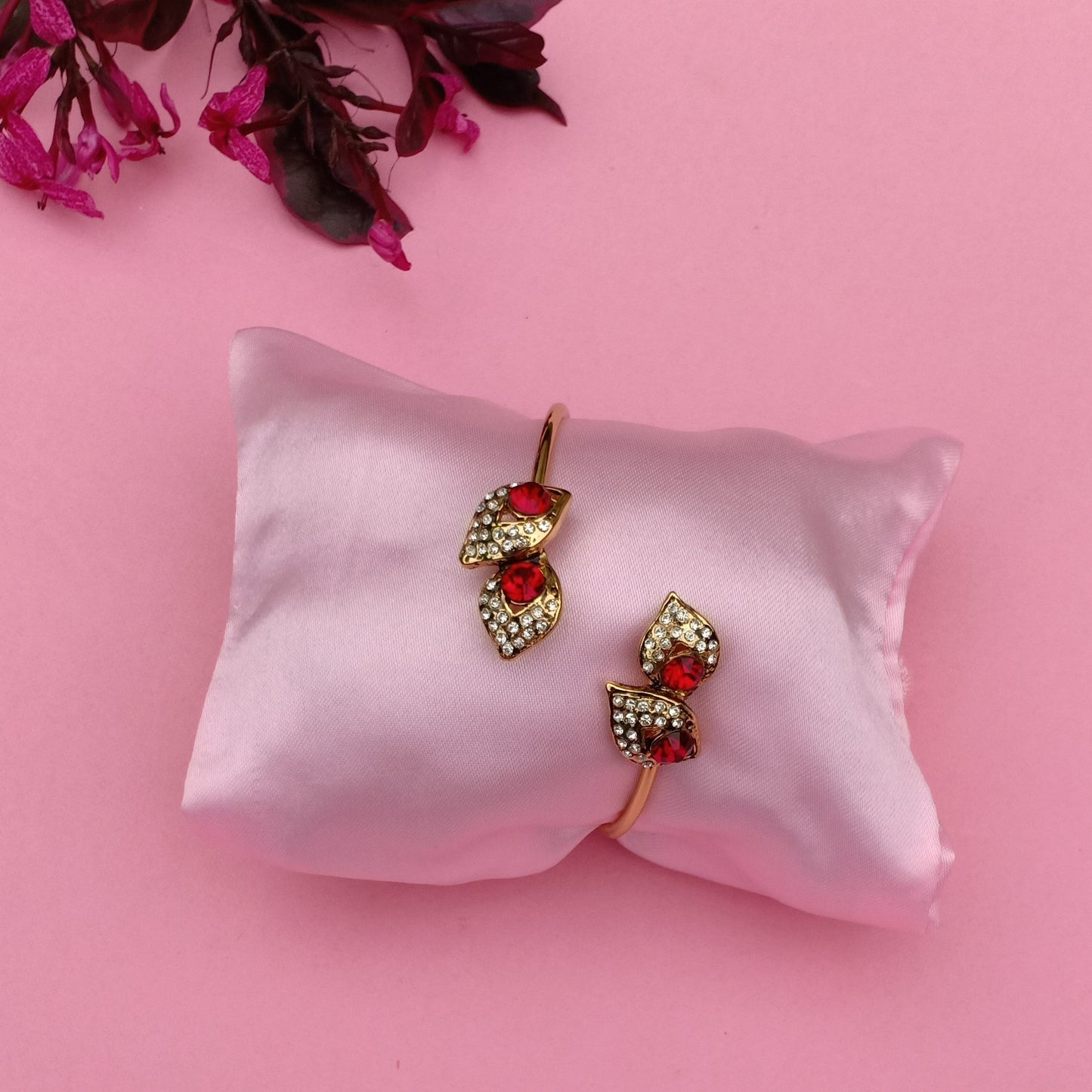 Estele Gold Plated Antique Leaflet Designer Bracelet with Austrian Crystals & Ruby Stones for Women