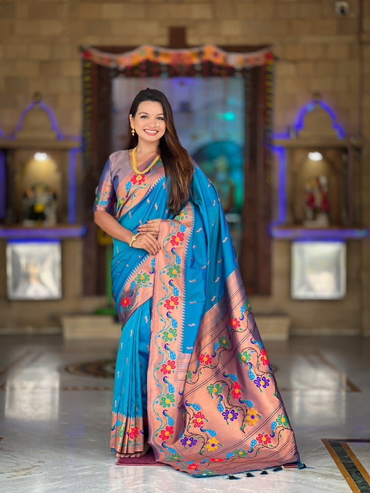 Mameraa Sarees Sky Blue Faux Banarasi Silk Saree With Paithani Rich Weaved Pallu And Blouse-Sky_Blue