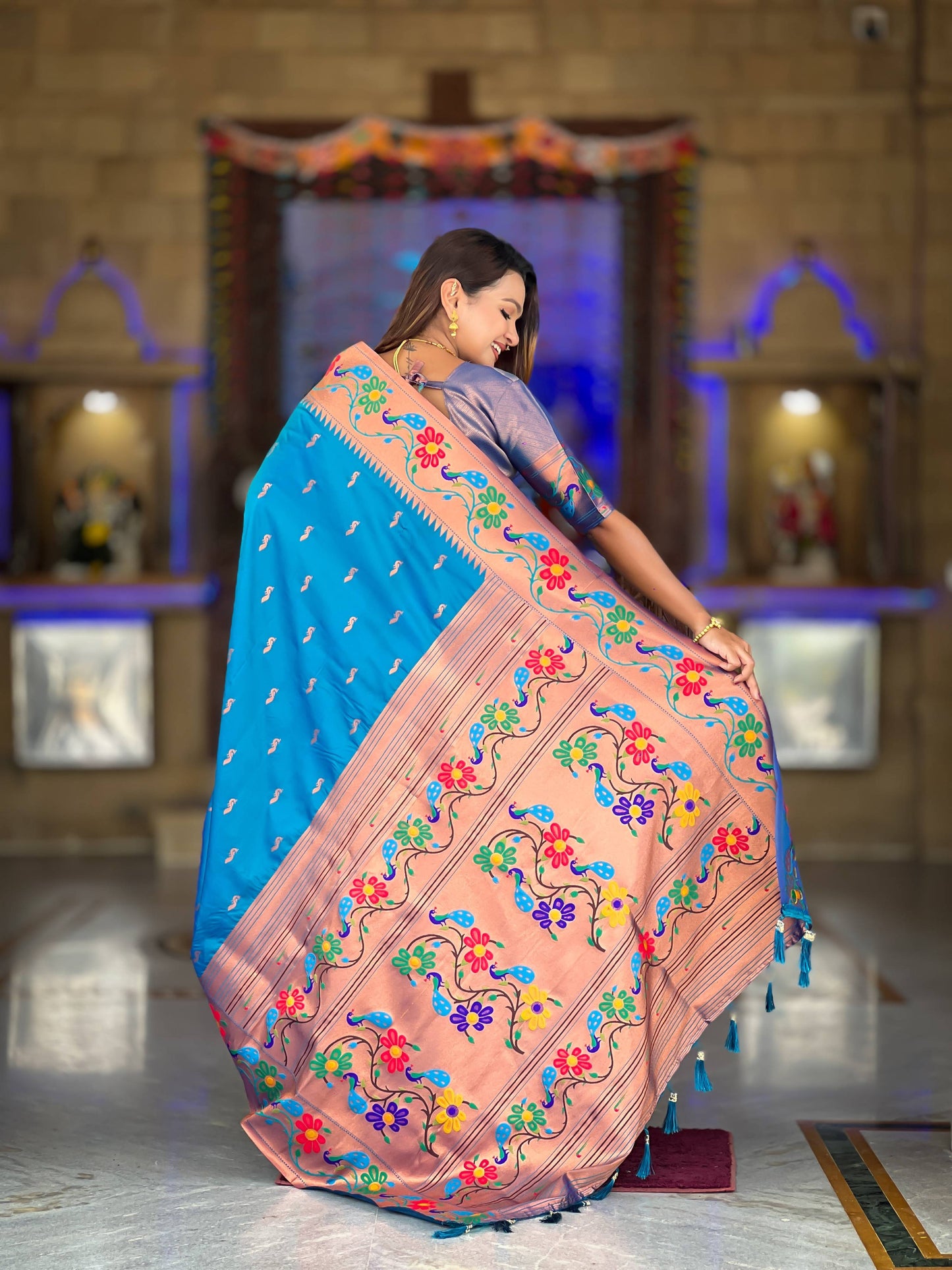 Mameraa Sarees Sky Blue Faux Banarasi Silk Saree With Paithani Rich Weaved Pallu And Blouse-Sky_Blue