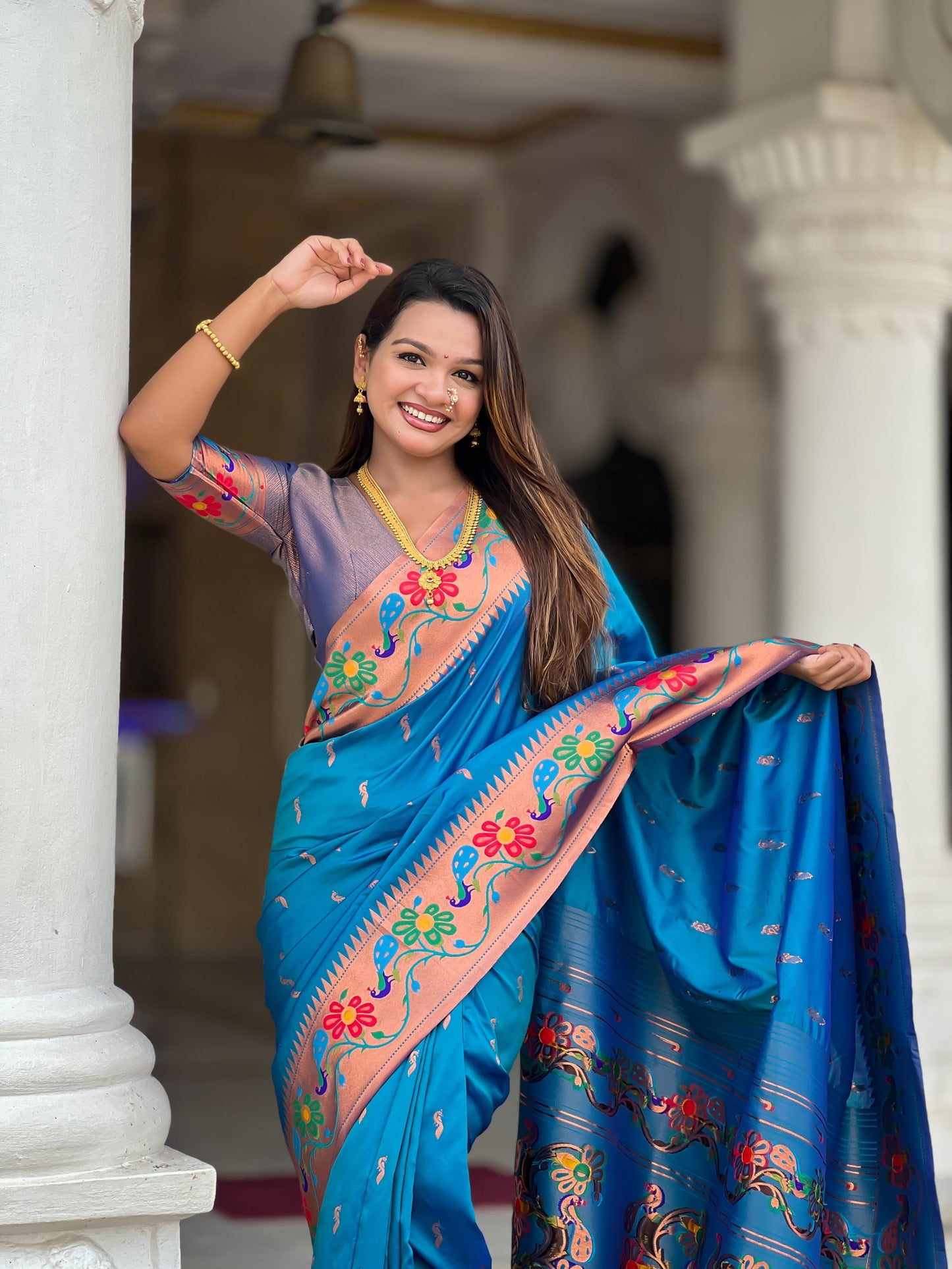 Mameraa Sarees Sky Blue Faux Banarasi Silk Saree With Paithani Rich Weaved Pallu And Blouse-Sky_Blue