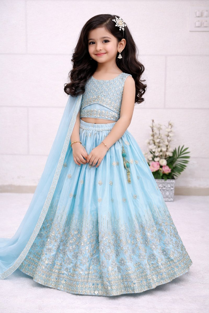 Evanik Skyblue Chinon Silk Embroidered Work Wedding Kids Lehenga Choli