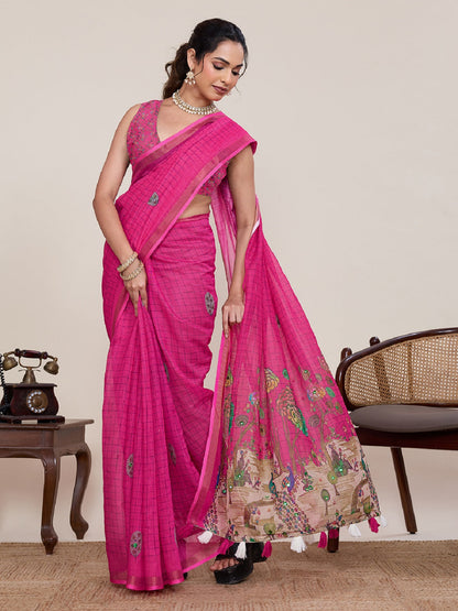 Dwija Fashion Pink Casual Wear Linen Saree Mirror Work With Unstitched Blouse