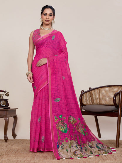 Dwija Fashion Pink Casual Wear Linen Saree Mirror Work With Unstitched Blouse