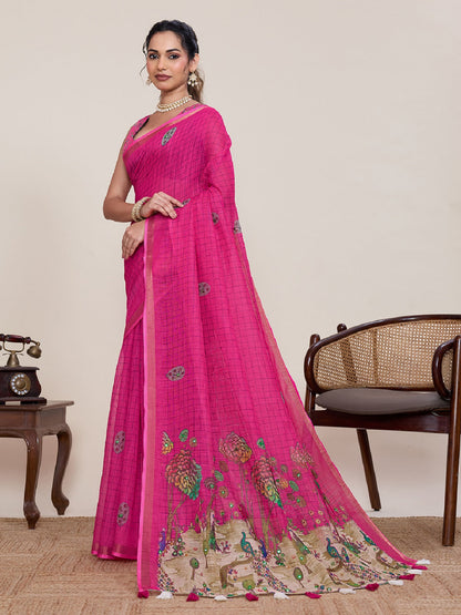 Dwija Fashion Pink Casual Wear Linen Saree Mirror Work With Unstitched Blouse