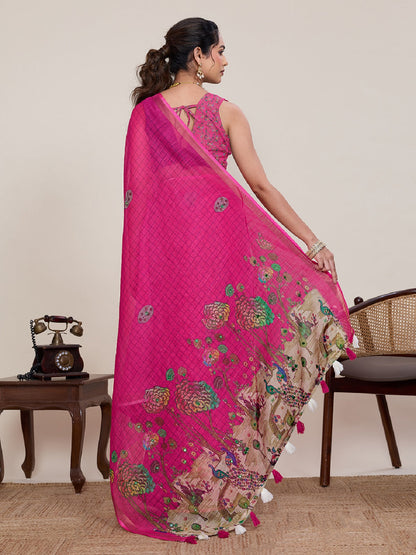 Dwija Fashion Pink Casual Wear Linen Saree Mirror Work With Unstitched Blouse