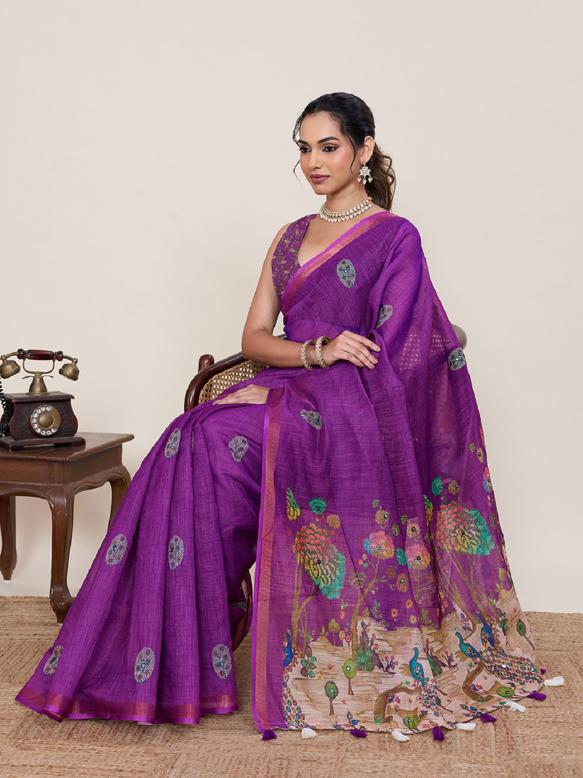 Dwija Fashion Purple Casual Wear Linen Saree Mirror Work With Unstitched Blouse