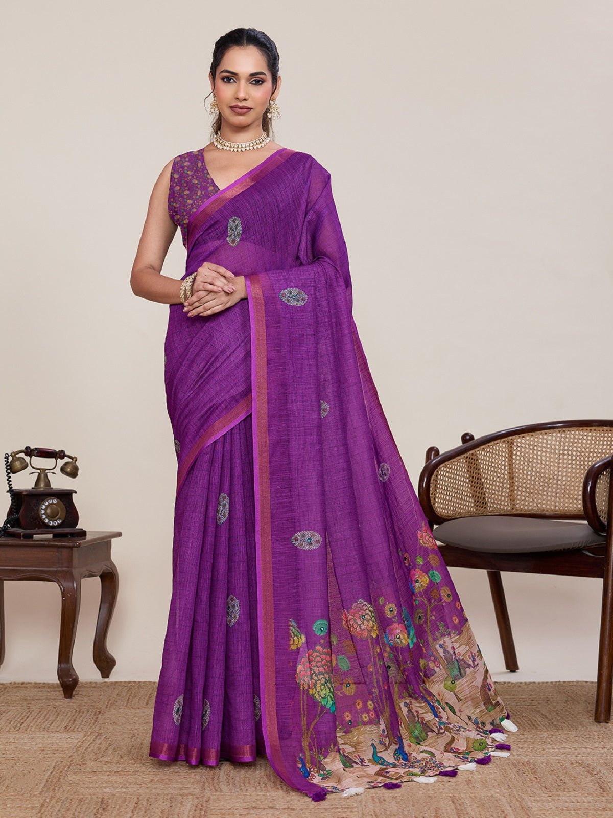 Dwija Fashion Purple Casual Wear Linen Saree Mirror Work With Unstitched Blouse