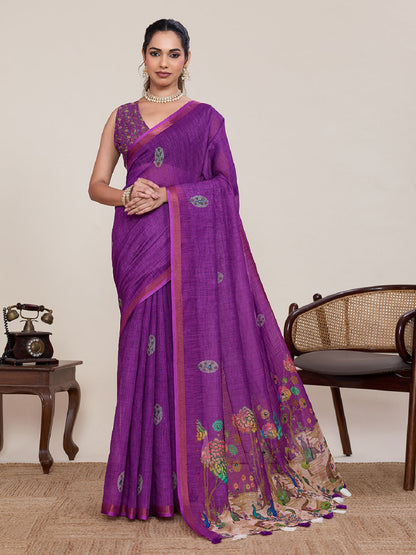 Dwija Fashion Purple Casual Wear Linen Saree Mirror Work With Unstitched Blouse