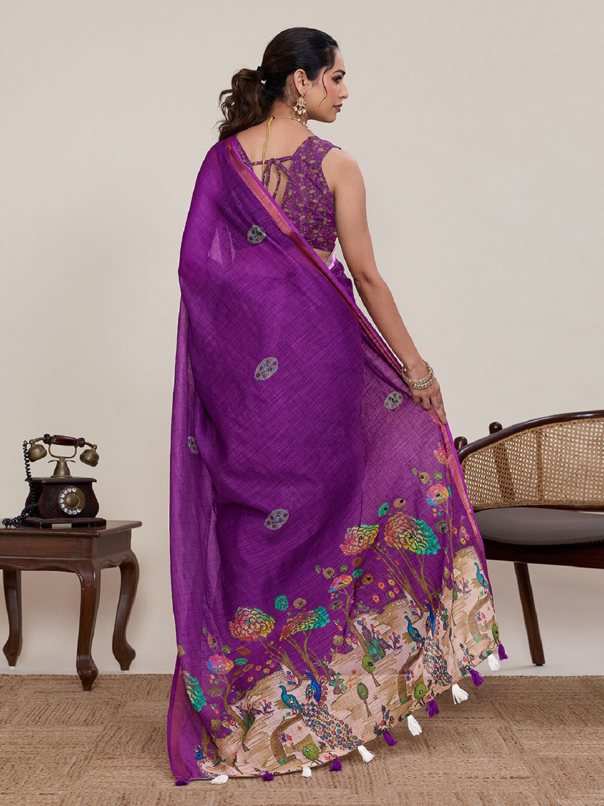 Dwija Fashion Purple Casual Wear Linen Saree Mirror Work With Unstitched Blouse