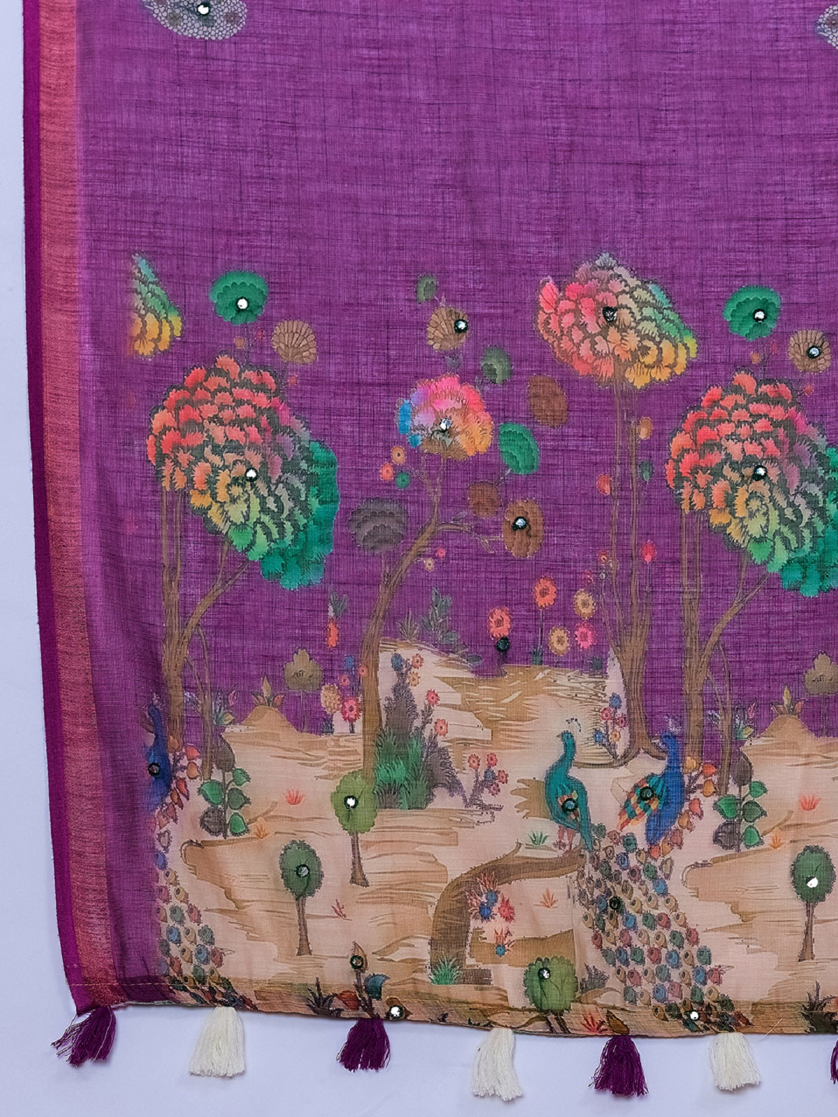 Dwija Fashion Purple Casual Wear Linen Saree Mirror Work With Unstitched Blouse