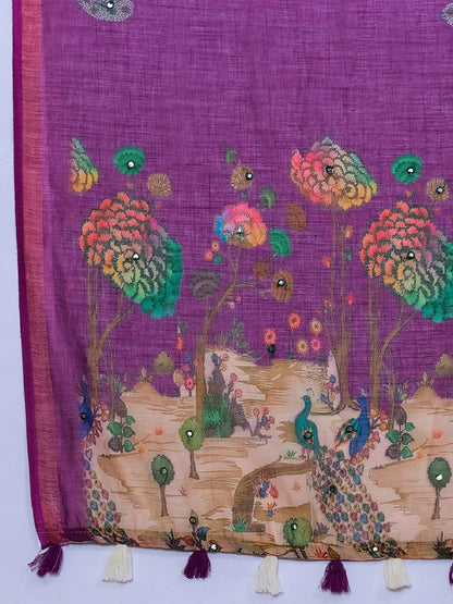 Dwija Fashion Purple Casual Wear Linen Saree Mirror Work With Unstitched Blouse