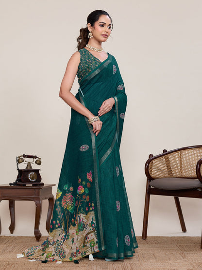 Dwija Fashion Green Casual Wear Linen Saree Mirror Work With Unstitched Blouse