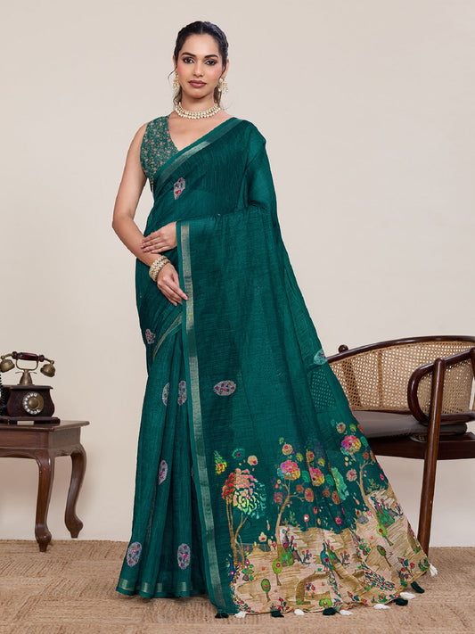 Dwija Fashion Green Casual Wear Linen Saree Mirror Work With Unstitched Blouse
