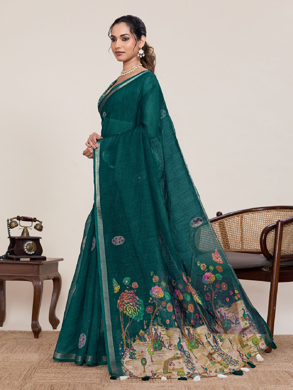 Dwija Fashion Green Casual Wear Linen Saree Mirror Work With Unstitched Blouse