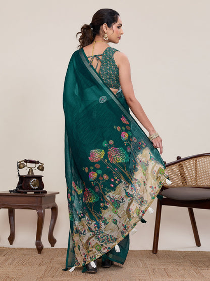 Dwija Fashion Green Casual Wear Linen Saree Mirror Work With Unstitched Blouse