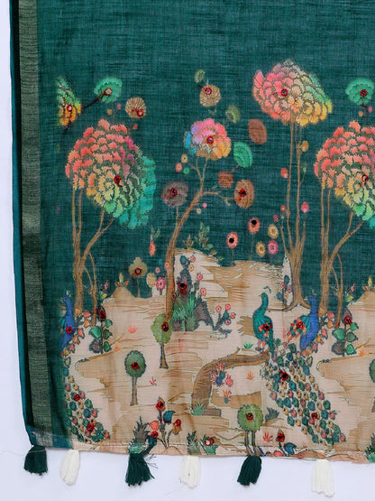 Dwija Fashion Green Casual Wear Linen Saree Mirror Work With Unstitched Blouse