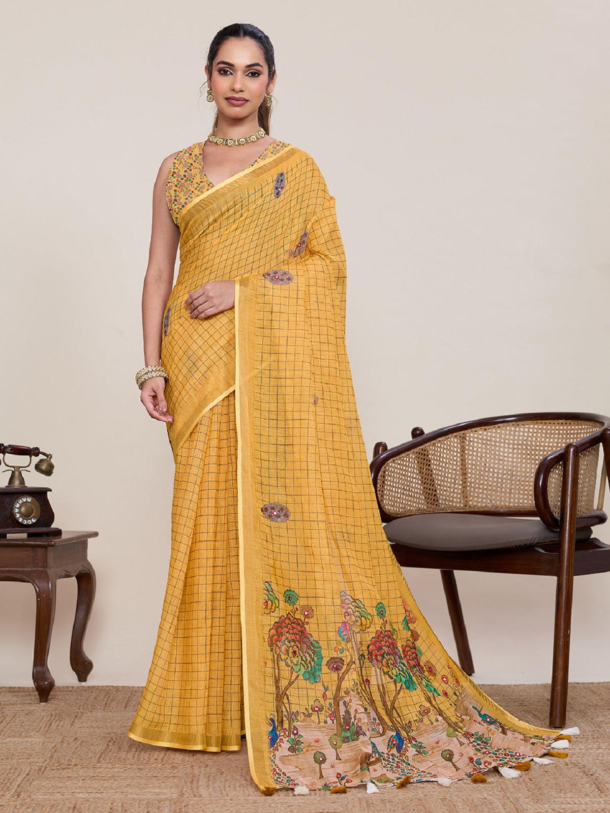 Dwija Fashion Yellow Casual Wear Linen Saree Mirror Work With Unstitched Blouse