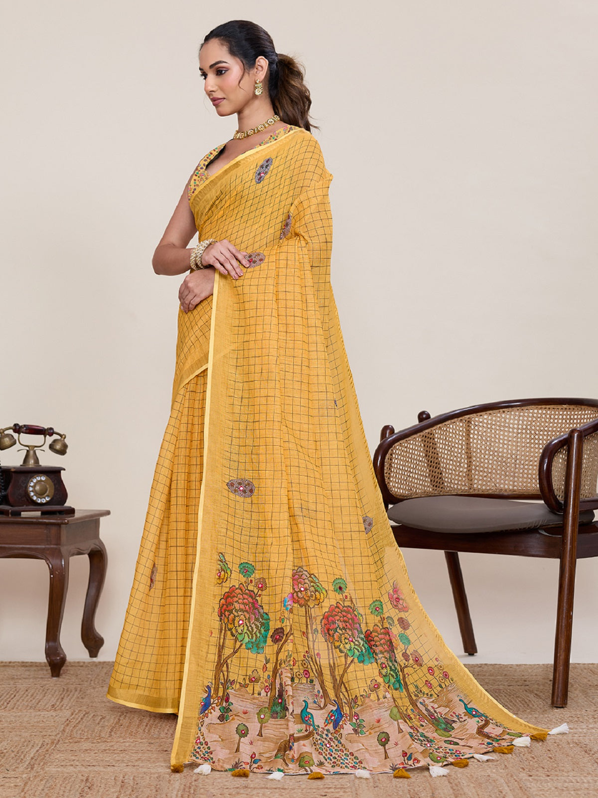 Dwija Fashion Yellow Casual Wear Linen Saree Mirror Work With Unstitched Blouse